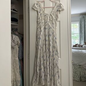 LoveShackFancy Cream and Blue Floral Maxi Dress